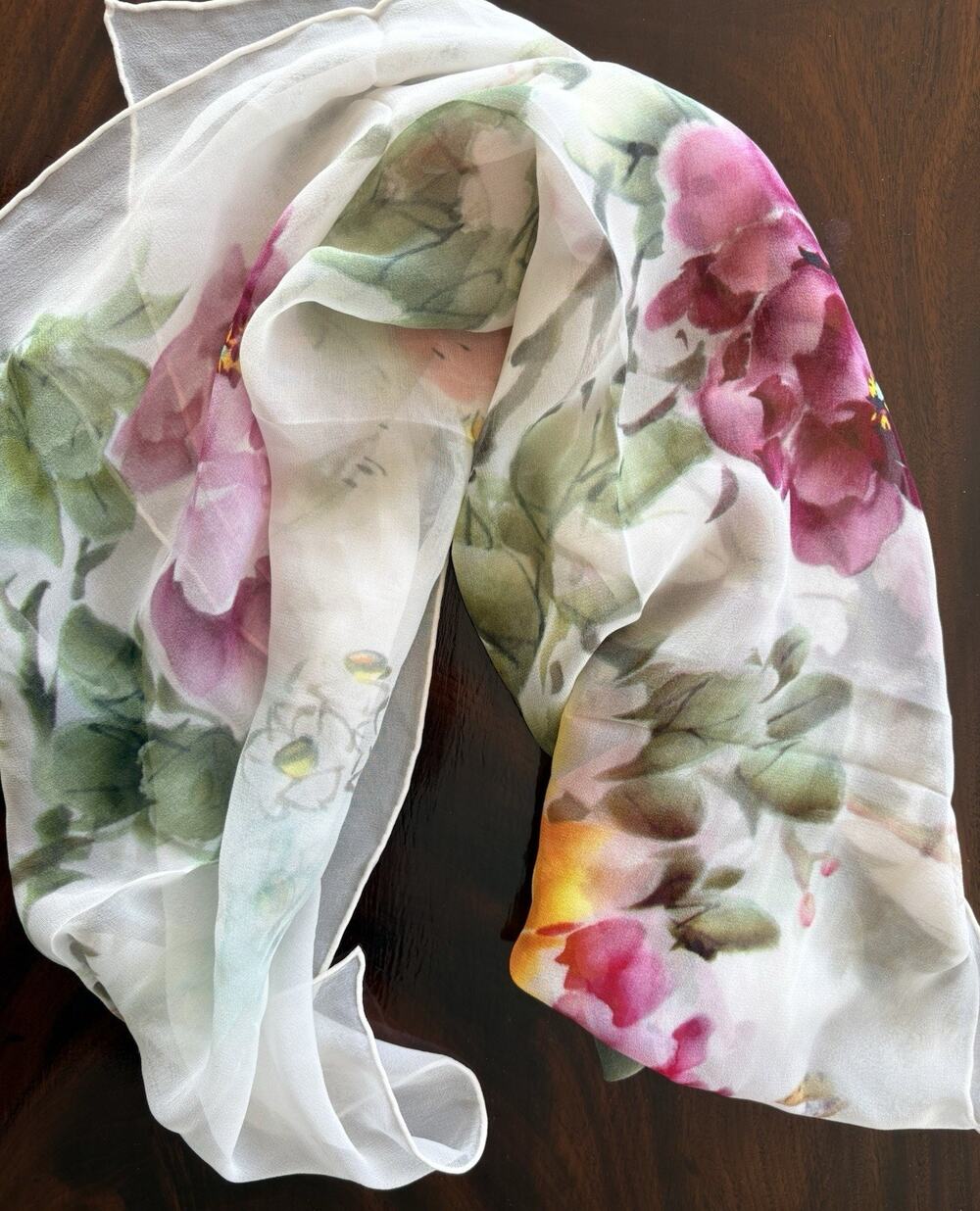 Floral Chiffon Scarf 100% Silk Handmade Asian Watercolor Ivory Rose Signed